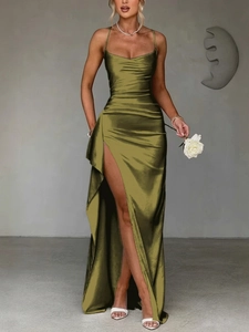 Elegant olive green satin halter maxi dress with high slit and slim fit for formal parties