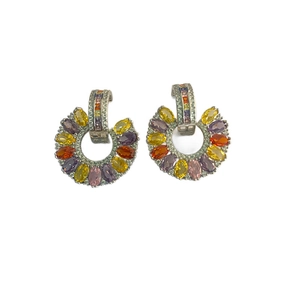 Exquisite C-shaped hoop earrings with colorful oval-cut gemstones and pave cubic zirconia
