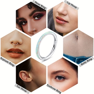 Detail-Collage eines Opal-Stahlrings, getragen als Nasen-, Lippen- und Ohrpiercing