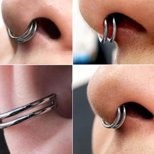 Double-layered stainless steel nose rings and ear cartilage hoops set in silver finish