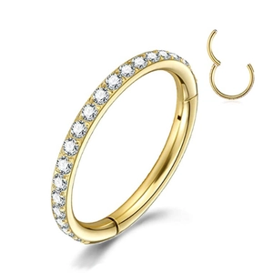 Golden 316L stainless steel nose ring with sparkling cubic zirconia and hinged closure