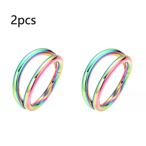 Detail view of 2pcs rainbow stainless steel double hoop nose rings with multicolor finish