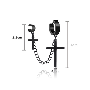 Zwarte roestvrijstalen kruis oorbellen met ketting en manchet, 4cm lang hangend model