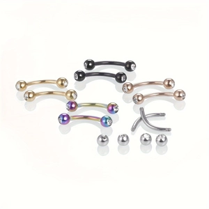 Polished stainless steel curved eyebrow rings set with zirconia crystals in various colors