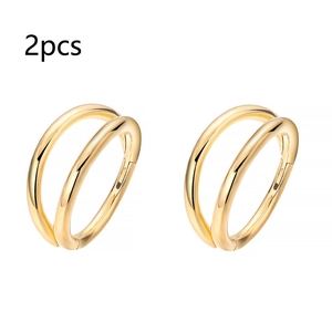Detailed close-up of golden double-hoop stainless steel earrings with hinged closure