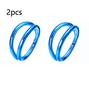 Detail view of two pieces of blue plated stainless steel double hoop nose rings on white background