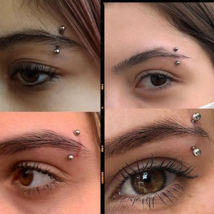 Primer plano detallado que muestra cuatro efectos de uso diferentes para piercings de cejas curvos