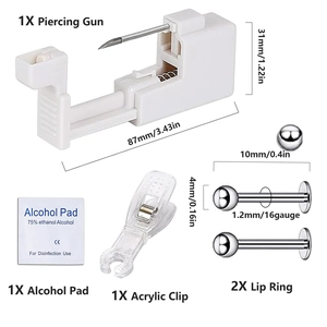 Vista detallada del kit de perforación desechable con aretes de acero inoxidable