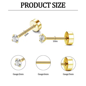 Guide des tailles des boucles d'oreilles en acier inoxydable avec zircon et dos plat vissé
