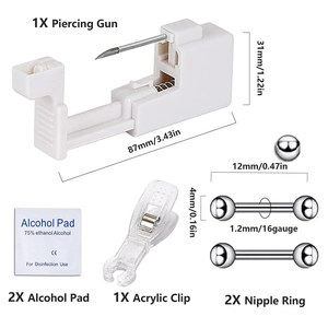 Kit de perforación corporal con aretes de acero, pistola y toallitas de alcohol