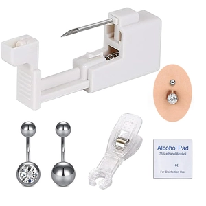 Kit desechable para piercing de ombligo con pistola, aretes de acero y toallita