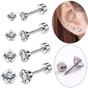 Détail macro de boucles d'oreilles en acier avec zircone 4 griffes et fermoir à vis