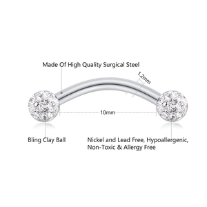Surgical steel curved eyebrow ring set with 1.2mm crystal clay balls piercing jewelry