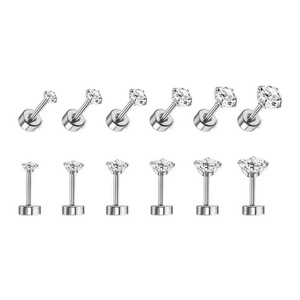 Lot de boucles d'oreilles en acier inoxydable à 4 griffes avec zircons clairs en 6 tailles