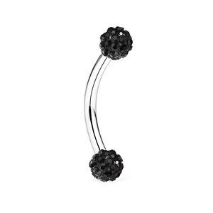 5-piece curved stainless steel eyebrow ring set with black crystal disco balls