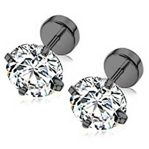 Détail de boucles d'oreilles classiques en acier noir avec zircons ronds et clairs