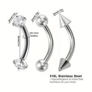 Set de 3 piercings sourcils en acier inoxydable 316L avec boules en zircon et pointes, 16G 8mm