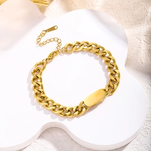 Gouden roestvrijstalen Cubaanse schakelarmband met ID-plaatje en verstelbare ketting