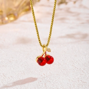 Charming red cherry pendant necklace with gold leaf on a square box chain for women