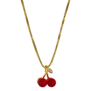 Sweet cherry pendant necklace with red resin fruits and gold leaves on a box chain