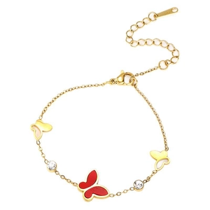 Golden butterfly charm bracelet with red and yellow pendants and sparkling crystals