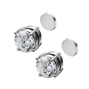 Silver stainless steel magnetic stud earrings with round cubic zirconia in four-prong setting