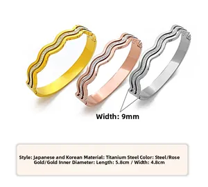 Three-piece set of wave-shaped open titanium steel bracelets in gold, rose gold and silver
