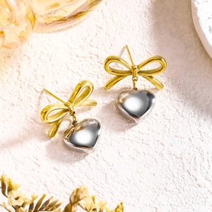 Orecchini a perno vintage francesi con fiocco e cuore in acciaio inossidabile oro 18K