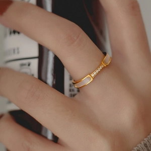 Elegant rose gold titanium steel ring with white shell inlay and micro zircon stones