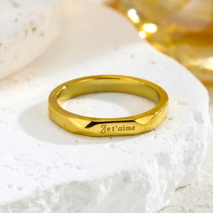 French Je T'aime Engraved Gold Plated Stainless Steel Ring For Women Hammered Faceted Niche Retro Jewelry Romantic Gift