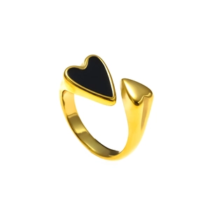 Minimalist 18K gold plated titanium steel open ring with black and gold heart charms