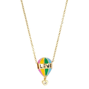 Golden titanium steel hot air balloon necklace with colorful enamel and LOVE engraving