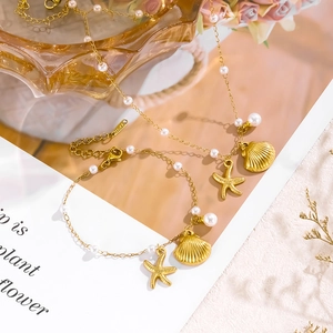 Gold Überzogene Edelstahl Seestern Muschel Anhänger Halskette Und Künstliche Perlen Armband Set Für Damen Strandurlaub Schmuck
