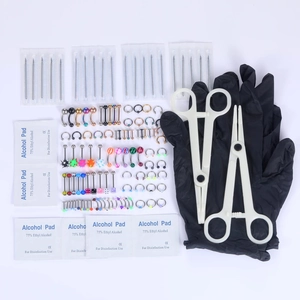 120-piece stainless steel body piercing kit including jewelry needles clamps and gloves
