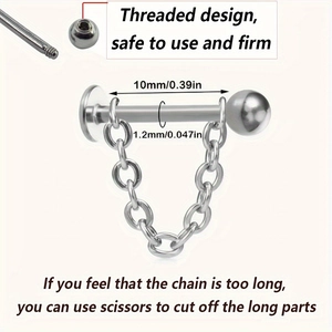 Silver stainless steel lip ring with chain and 1.2mm gauge screw ball barbell