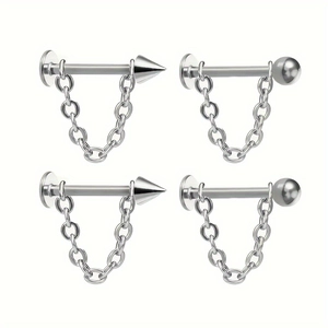 Set of 4 stainless steel silver labret studs with ball and cone heads and stylish chains