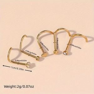 Lot de 5 piercings de nez dorés en acier inoxydable avec cœur, bille et zircons
