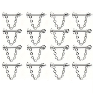 16-piece set of silver stainless steel lip rings with chains, spikes and ball ends