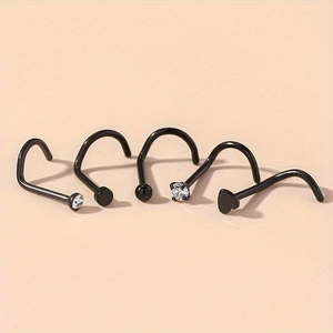 Lot de 5 piercings de nez en acier inoxydable noir avec cristal, boule et forme de cœur