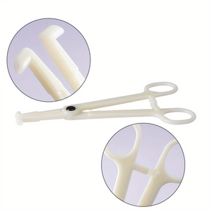 Macro detail of medical grade plastic piercing forceps with locking handle and anti-slip jaws