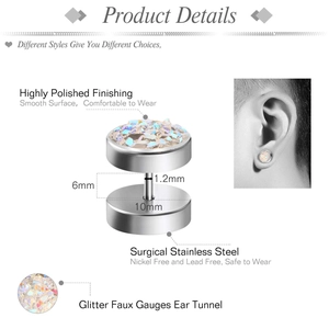 Detaillierte Größentabelle und Nahaufnahme der 10mm Glitzer-Ohrstecker aus Chirurgenstahl