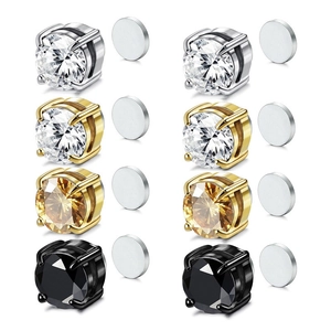 Detail view of magnetic stud earrings set with round cut cubic zirconia and magnetic backs