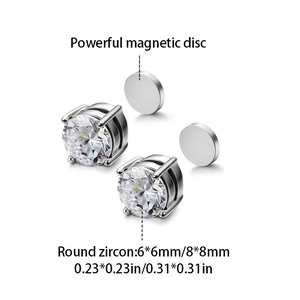 Vista macro de pendientes magnéticos de 6mm y 8mm con circonitas redondas brillantes