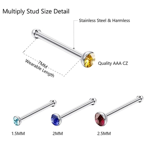 Nasenstecker-Set aus Edelstahl mit 7mm Länge und bunten AAA-Zirkonia-Steinen im Detail