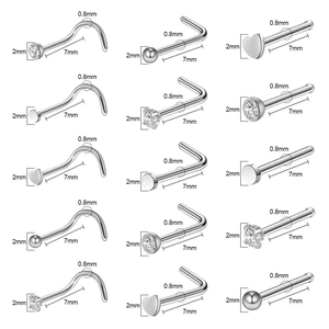 15er-Set Nasenstecker aus Edelstahl, 20G L-Form und Schraub-Stile mit Zirkon-Besatz