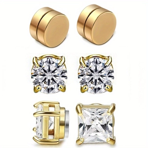 Set de 3 pares de pendientes magnéticos dorados con circonitas redondas y cuadradas