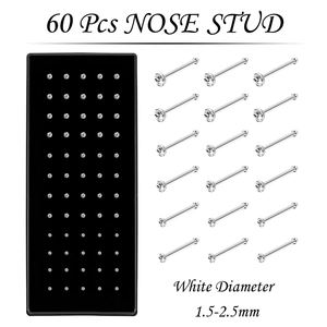 60er Set Nasenstecker aus Edelstahl mit weißen Kristallen in Größen von 1,5 bis 2,5 mm
