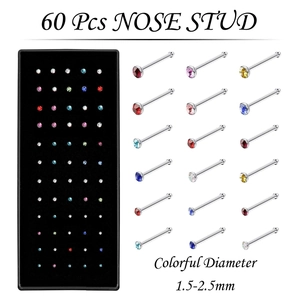 60er Set Nasenstecker aus Edelstahl mit bunten Zirkonsteinen in einer schwarzen Box