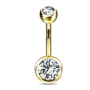 Detailansicht eines goldenen Bauchnabelpiercings aus Edelstahl mit Zirkonia-Steinen