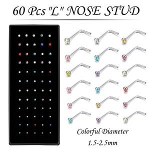 60er Set L-förmige Nasenstecker aus Edelstahl mit bunten Strasssteinen 1,5-2,5 mm